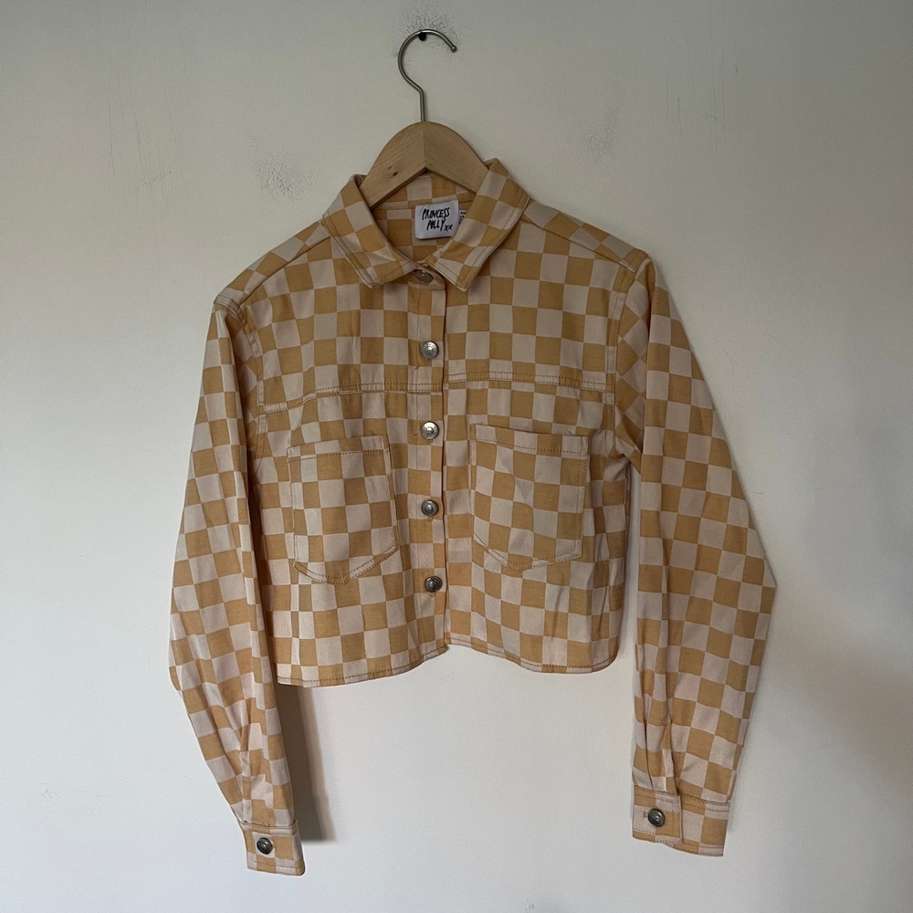 Princess Polly Yellow Checkerboard Cropped Jacket Size US 4 Mustard Cream Denim